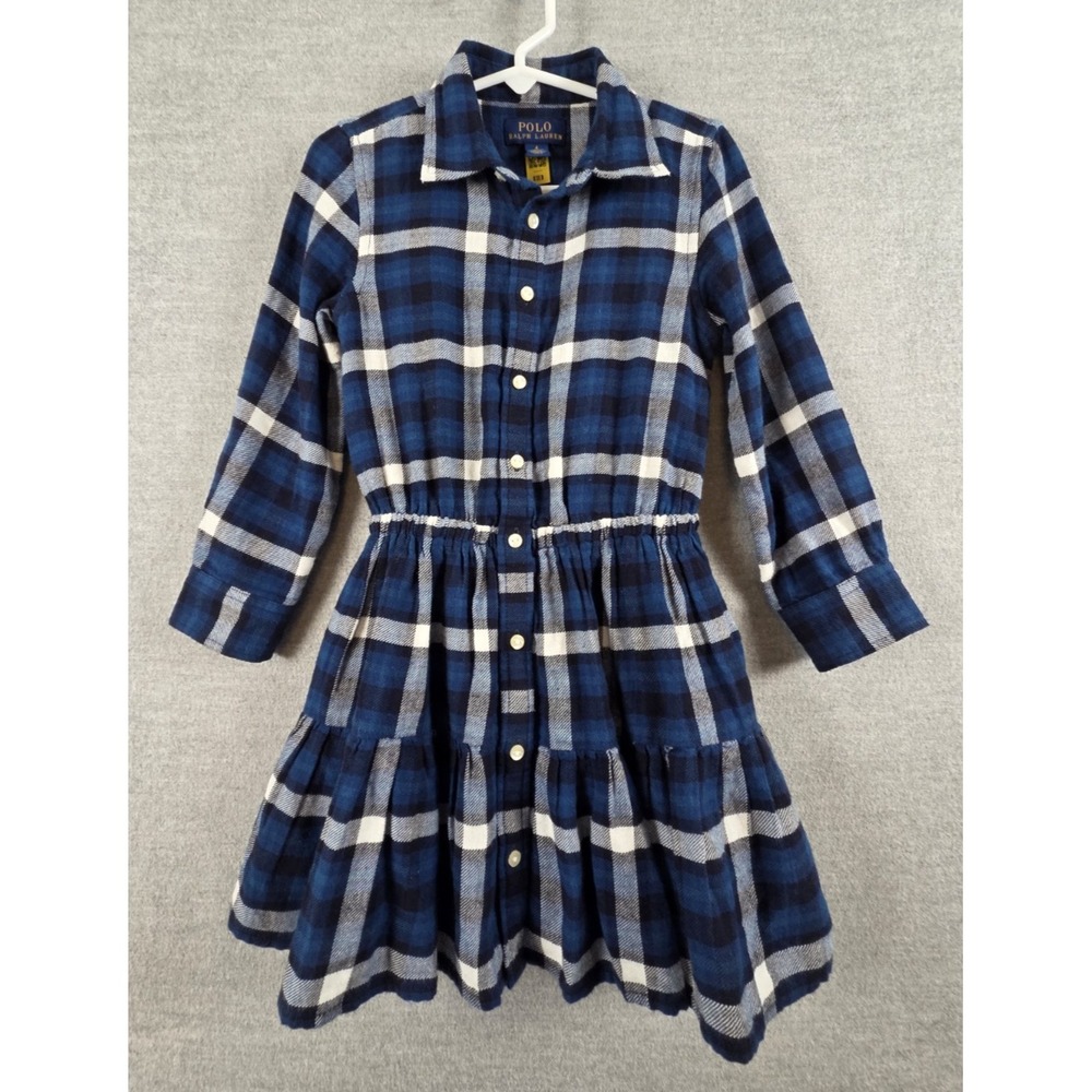 Polo Ralph Lauren Girls 4 Blue Plaid Tiered Ruffle Shirt Dress Button Up Preppy